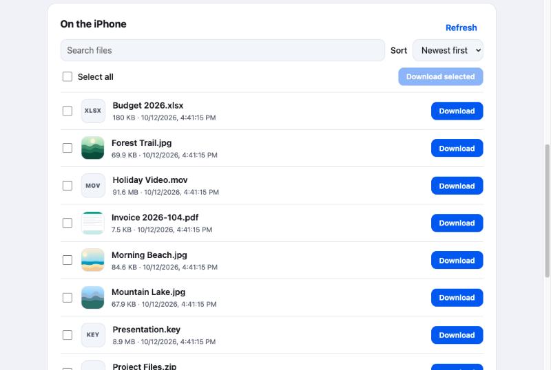 The browser page listing files on the iPhone, each with a Download button