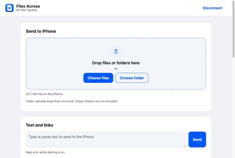 The Files Across browser page with a drop zone to send files and folders to the iPhone