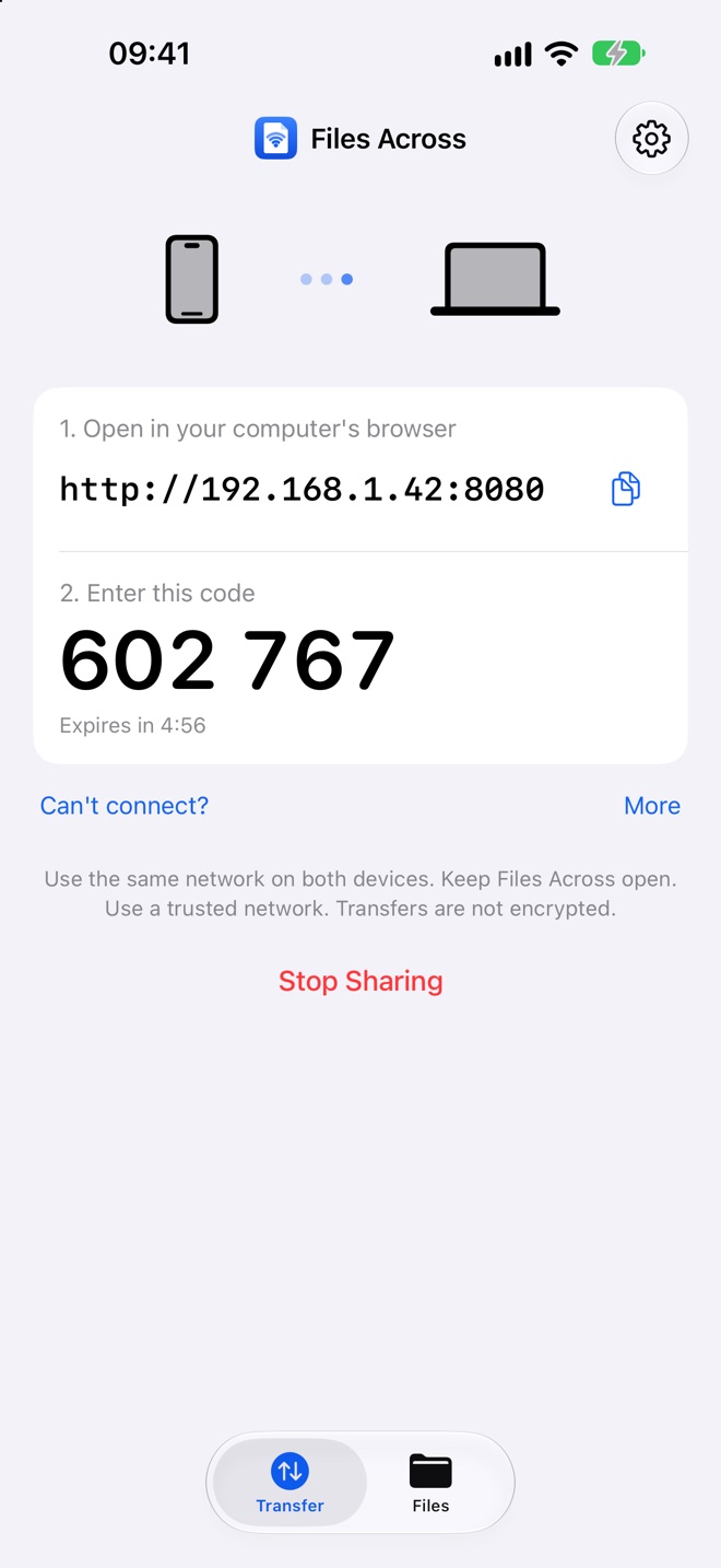 Files Across on iPhone showing the address to open in the computer's browser and a six-digit pairing code